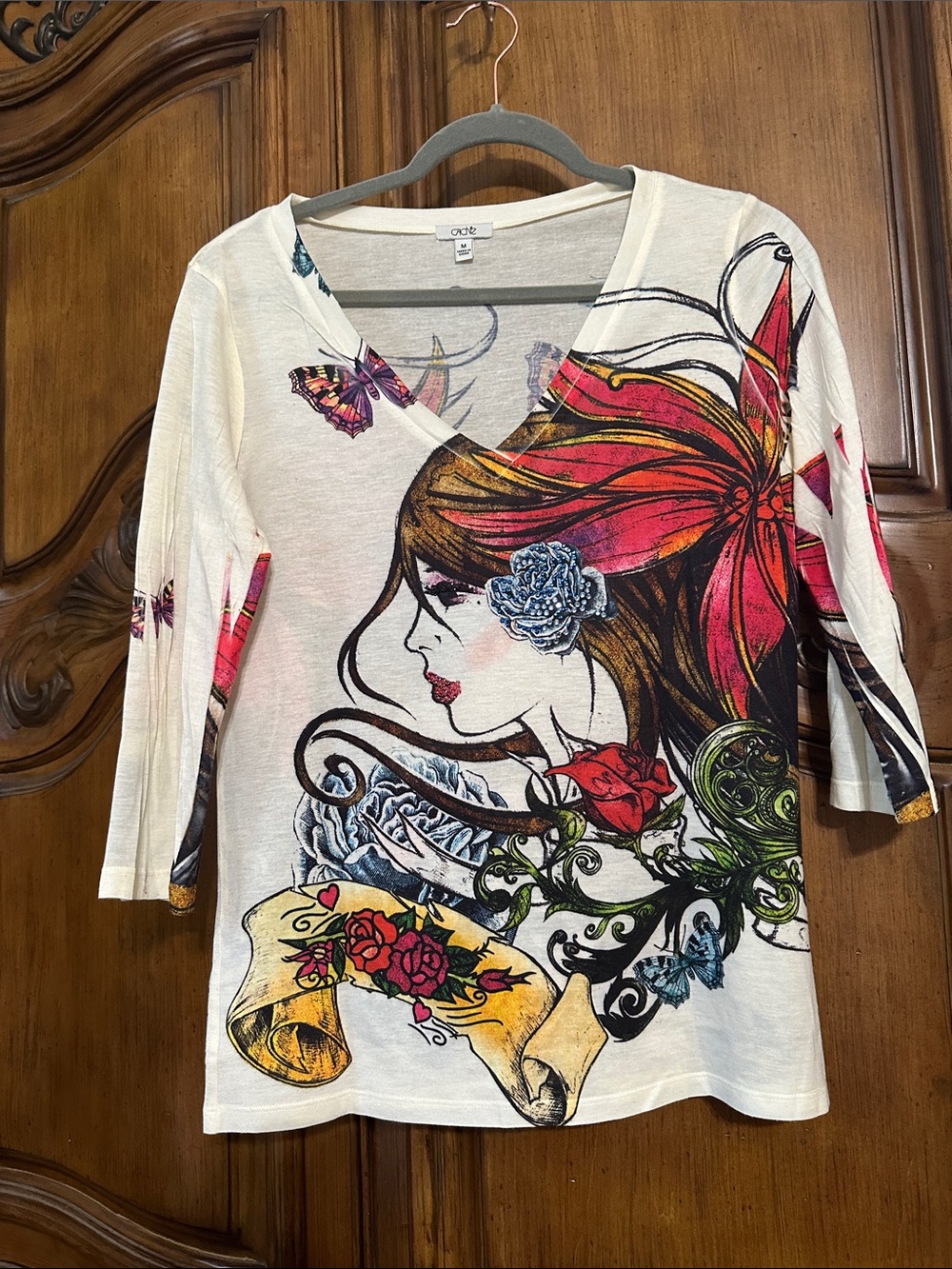 Cache Vintage Y2K Butterfly Rose Woman Graphic Burnout Tattoo V-neck Top Shirt - Picture 8 of 12
